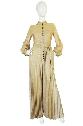 1970s Gold Lame Knit Jumpsuit with Wide Pleated Legs