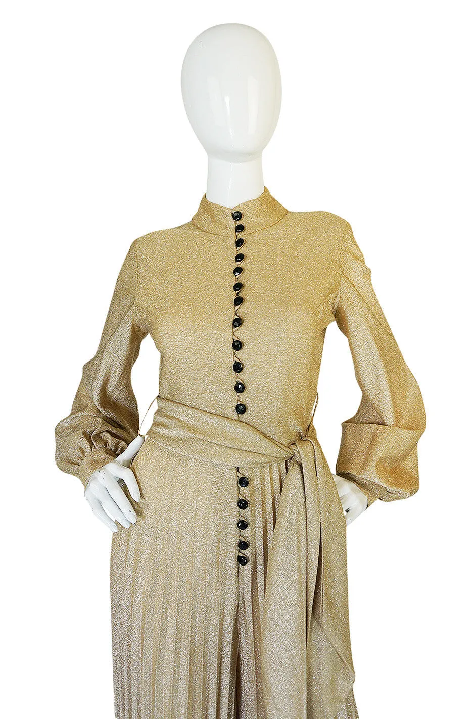 1970s Gold Lame Knit Jumpsuit with Wide Pleated Legs