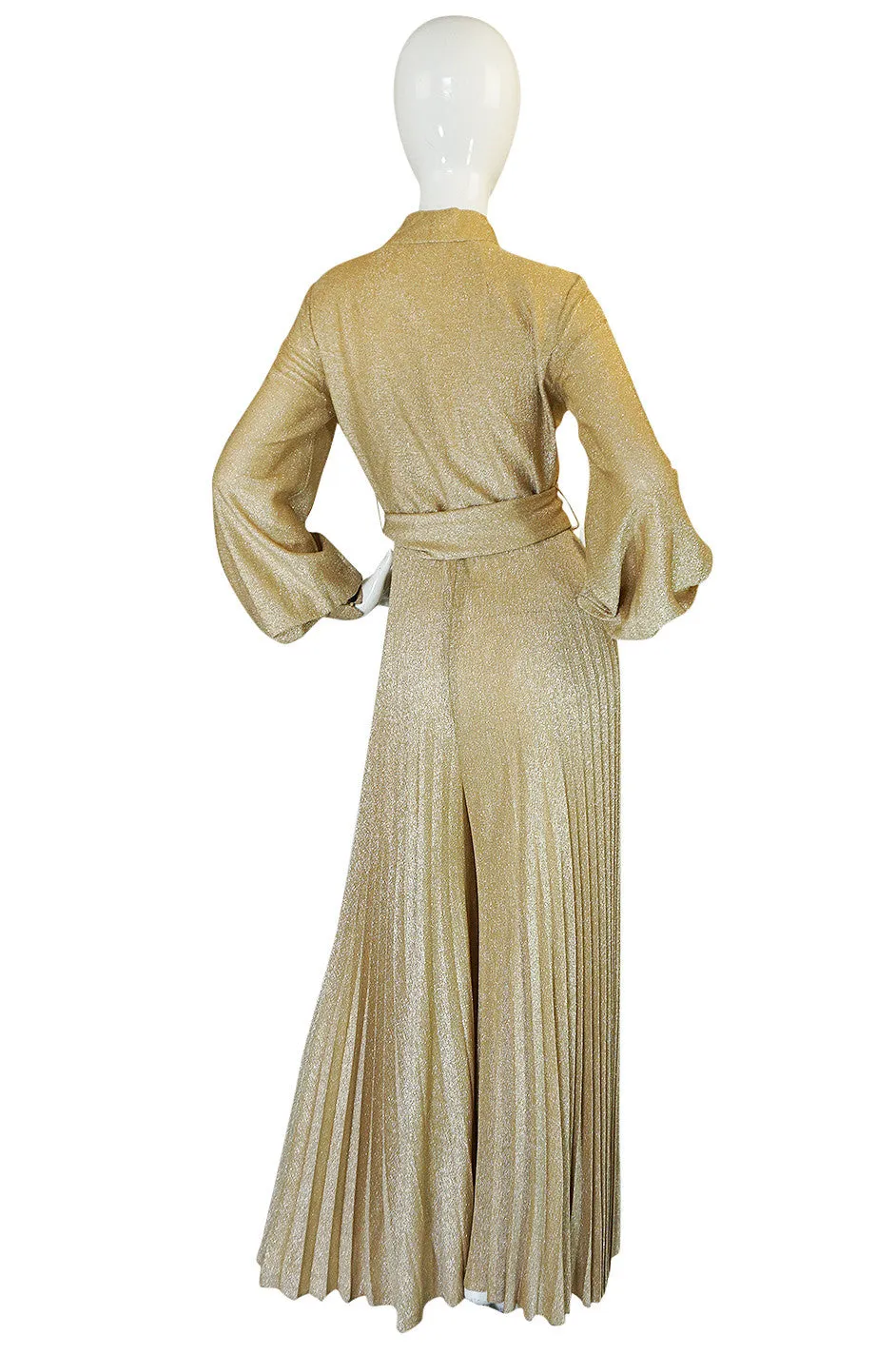 1970s Gold Lame Knit Jumpsuit with Wide Pleated Legs