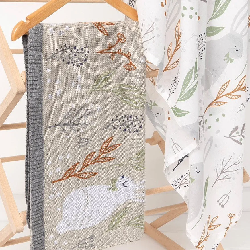 2 pce Nature Bunny Natural Cotton Baby Blanket & Matching Wrap with bonus Lila Rattle