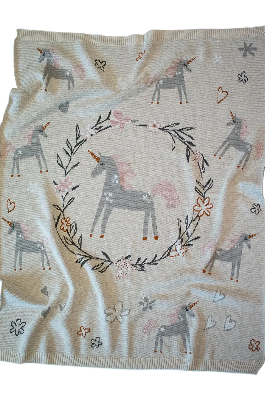 2 piece Unicorn Cotton Baby Blanket / Cotton Swaddle & Bonus Lila Rattle