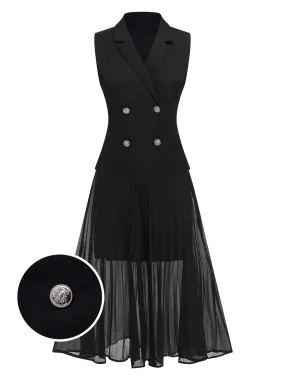 2PCS Black 1960s V-Neck Vest Top & Pleated Skirt
