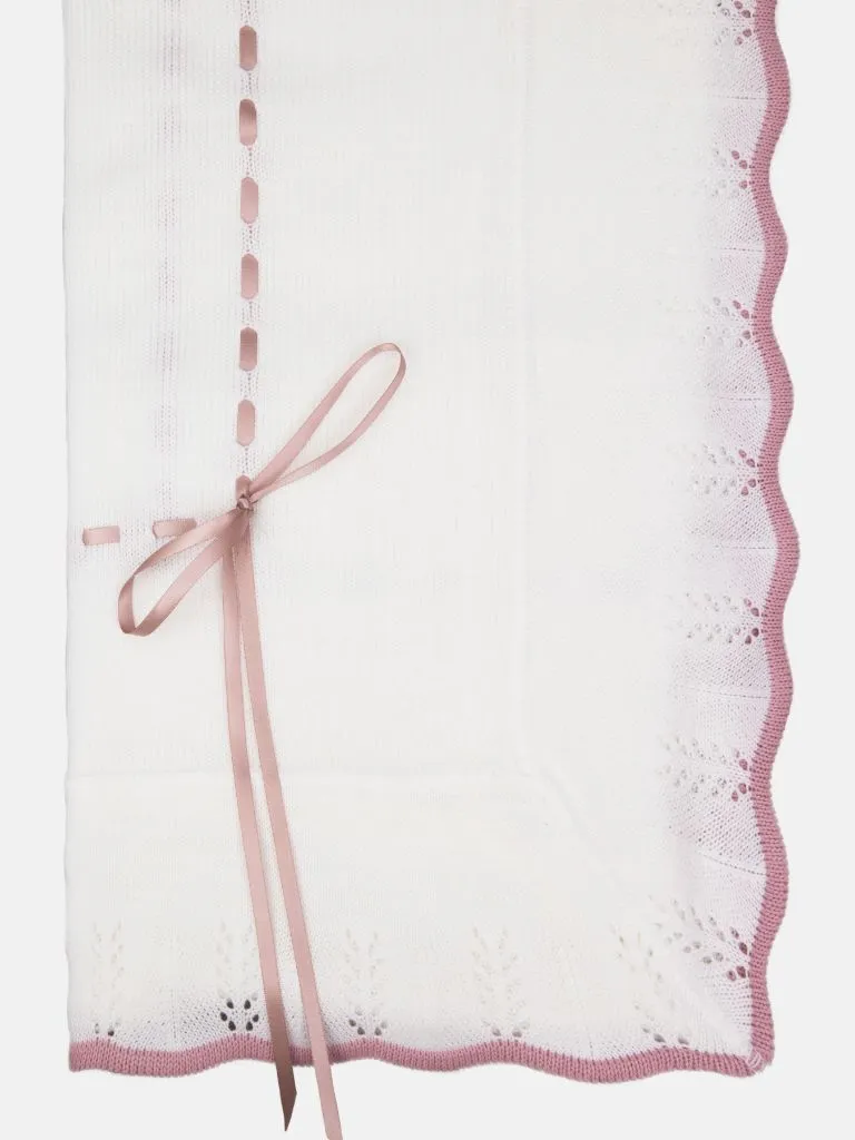 Baby Spanish Shawl Colour Hem & Satin Ribbon-White & Dusty Pink