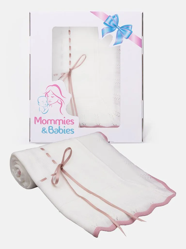 Baby Spanish Shawl Colour Hem & Satin Ribbon-White & Dusty Pink