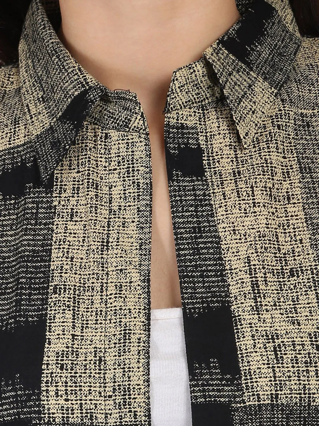 Beige & Black Printed 3/4Th Sleeve Cotton Cape Kurta With Front Open