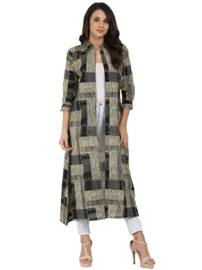 Beige & Black Printed 3/4Th Sleeve Cotton Cape Kurta With Front Open