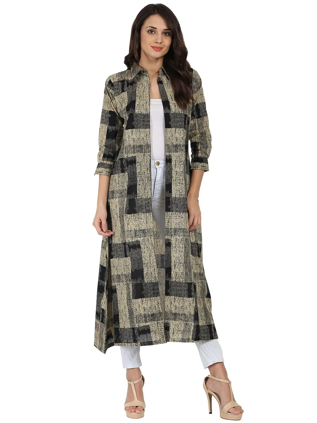 Beige & Black Printed 3/4Th Sleeve Cotton Cape Kurta With Front Open