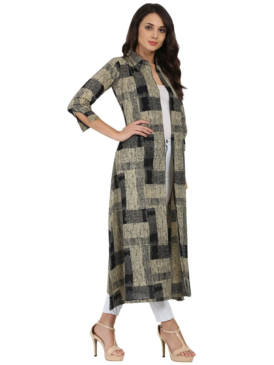 Beige & Black Printed 3/4Th Sleeve Cotton Cape Kurta With Front Open