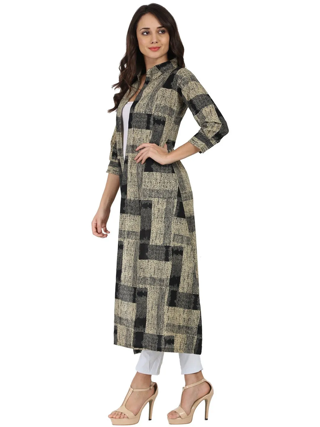 Beige & Black Printed 3/4Th Sleeve Cotton Cape Kurta With Front Open