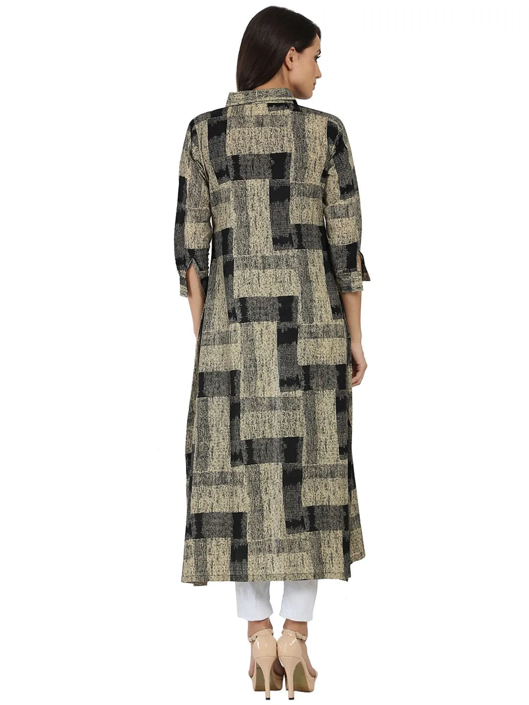 Beige & Black Printed 3/4Th Sleeve Cotton Cape Kurta With Front Open