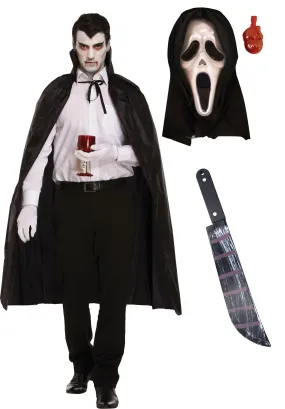 Black Long Dracula Cape with Collar Scream Bleeding Mask Plastic Blood Stained Machete Halloween Scary Dracula Costume