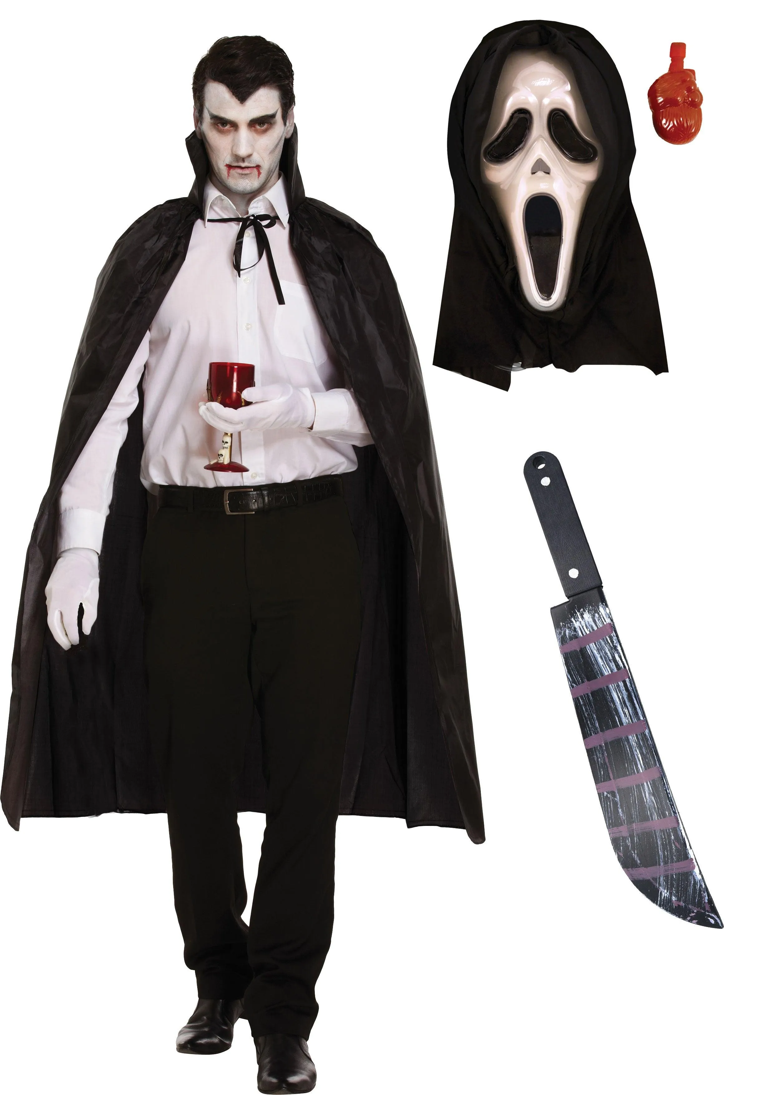 Black Long Dracula Cape with Collar Scream Bleeding Mask Plastic Blood Stained Machete Halloween Scary Dracula Costume