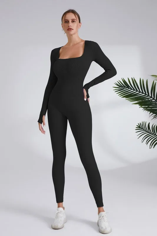 Black Square Neck Ribbed Long Sleeve Jumpsuit