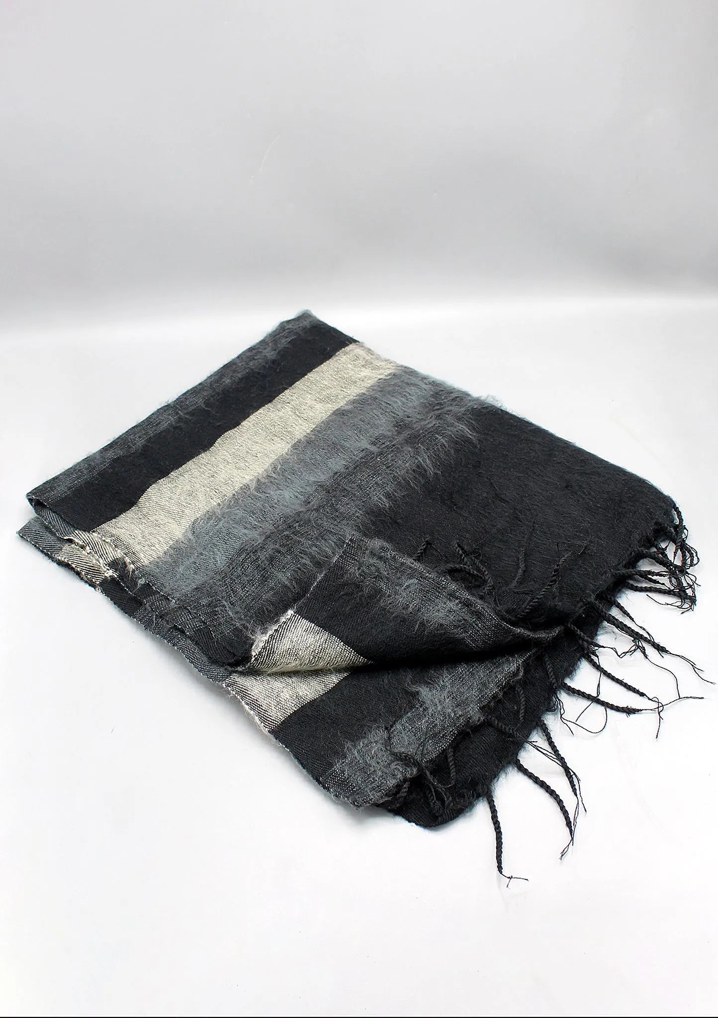 Black Stripe Grey and Off White Yak Wool Shawl