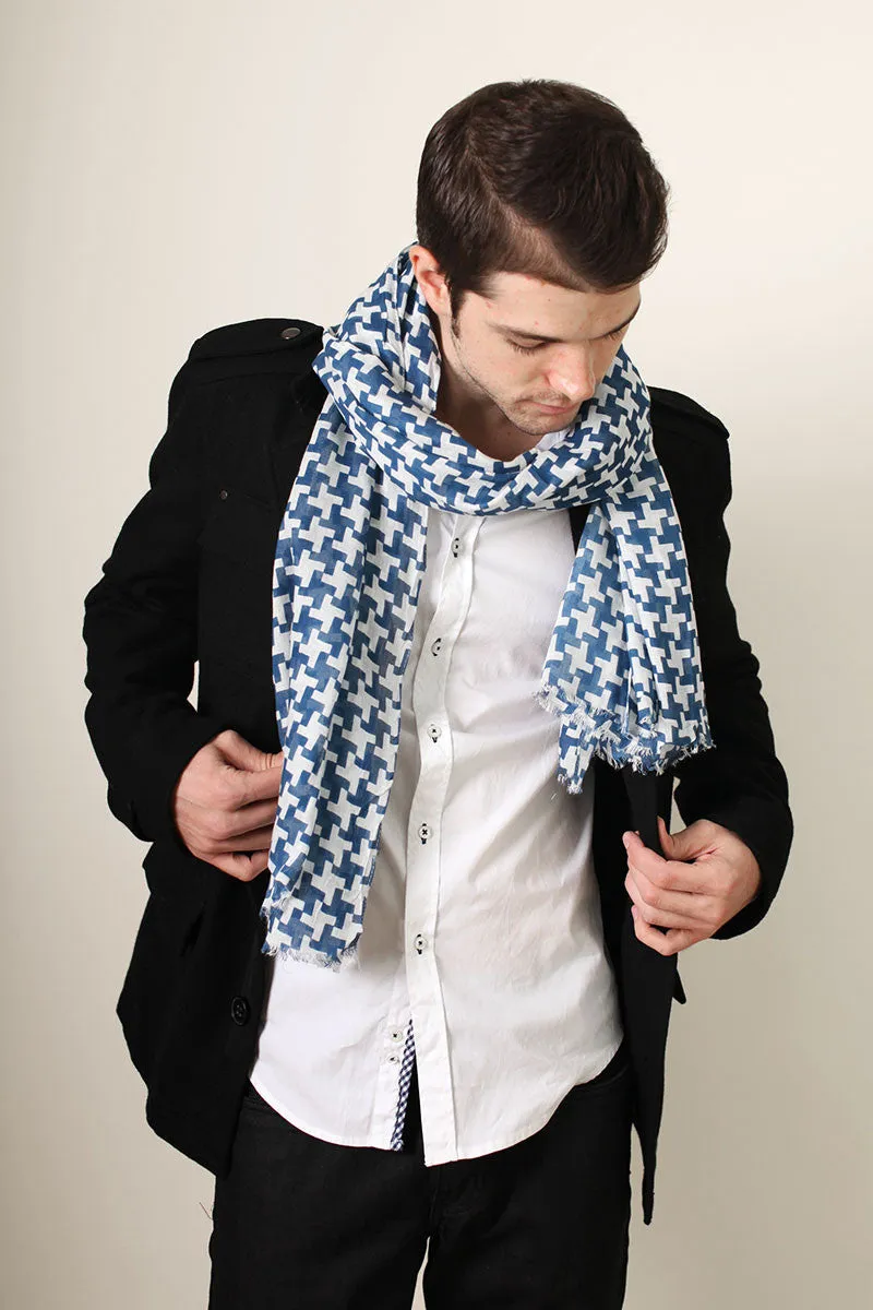 Classic White and Blue Houndstooth Print Scarf