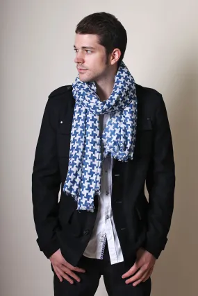 Classic White and Blue Houndstooth Print Scarf