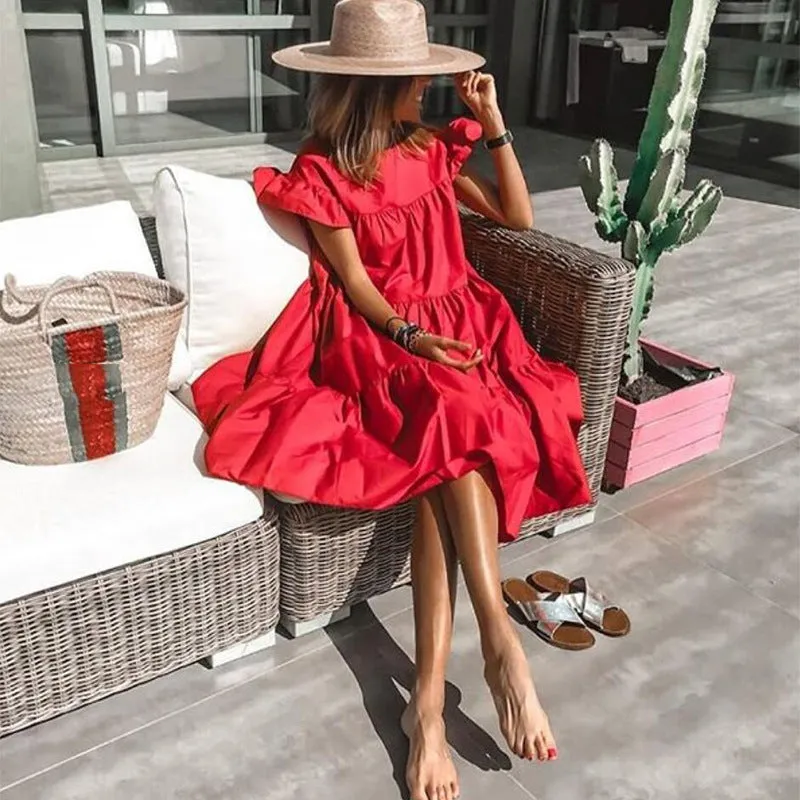 DUNNMALL  Summer European and American Style Women's Clothing Loose Pleated Short Sleeve Dress Women's Solid Color Casual Jumpsuit Skirt