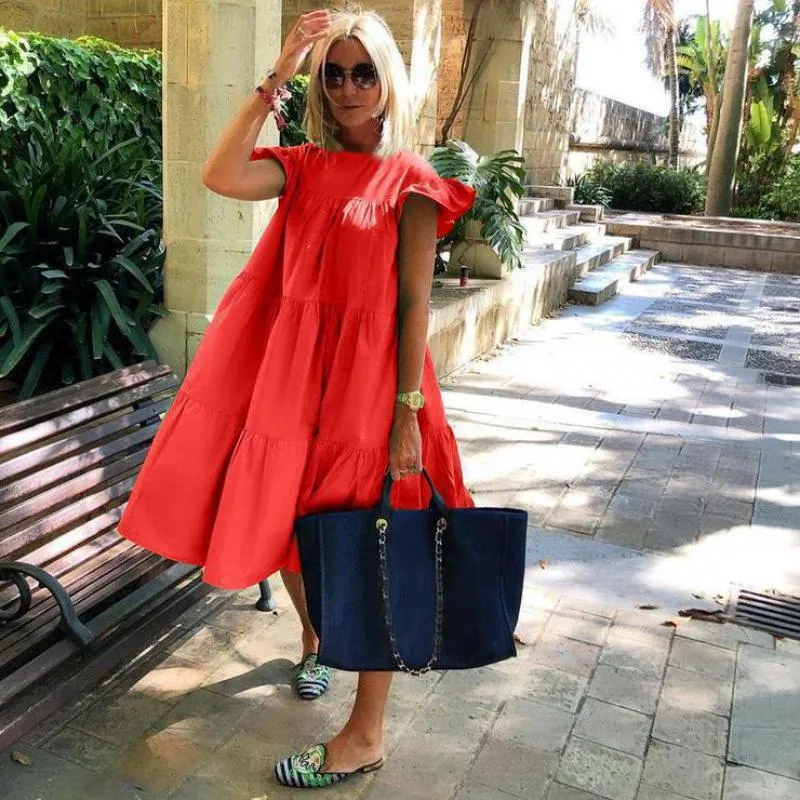 DUNNMALL  Summer European and American Style Women's Clothing Loose Pleated Short Sleeve Dress Women's Solid Color Casual Jumpsuit Skirt