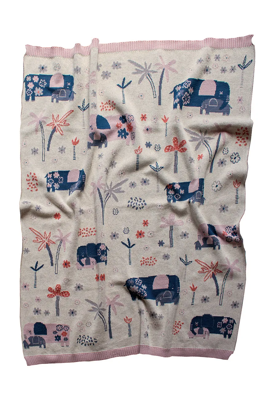 Ellie Family Cotton Knit Elephants Baby Blanket & Bonus Emma Heart Rattle