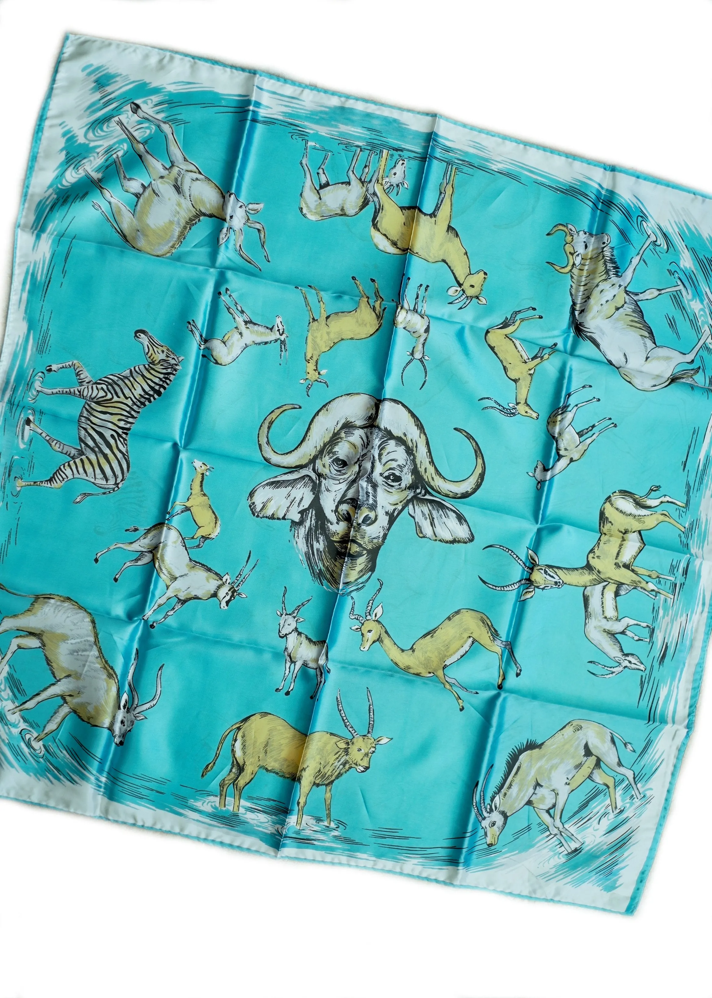 Fabulous Vintage Blue Illustrated Bison and Antelope Scarf