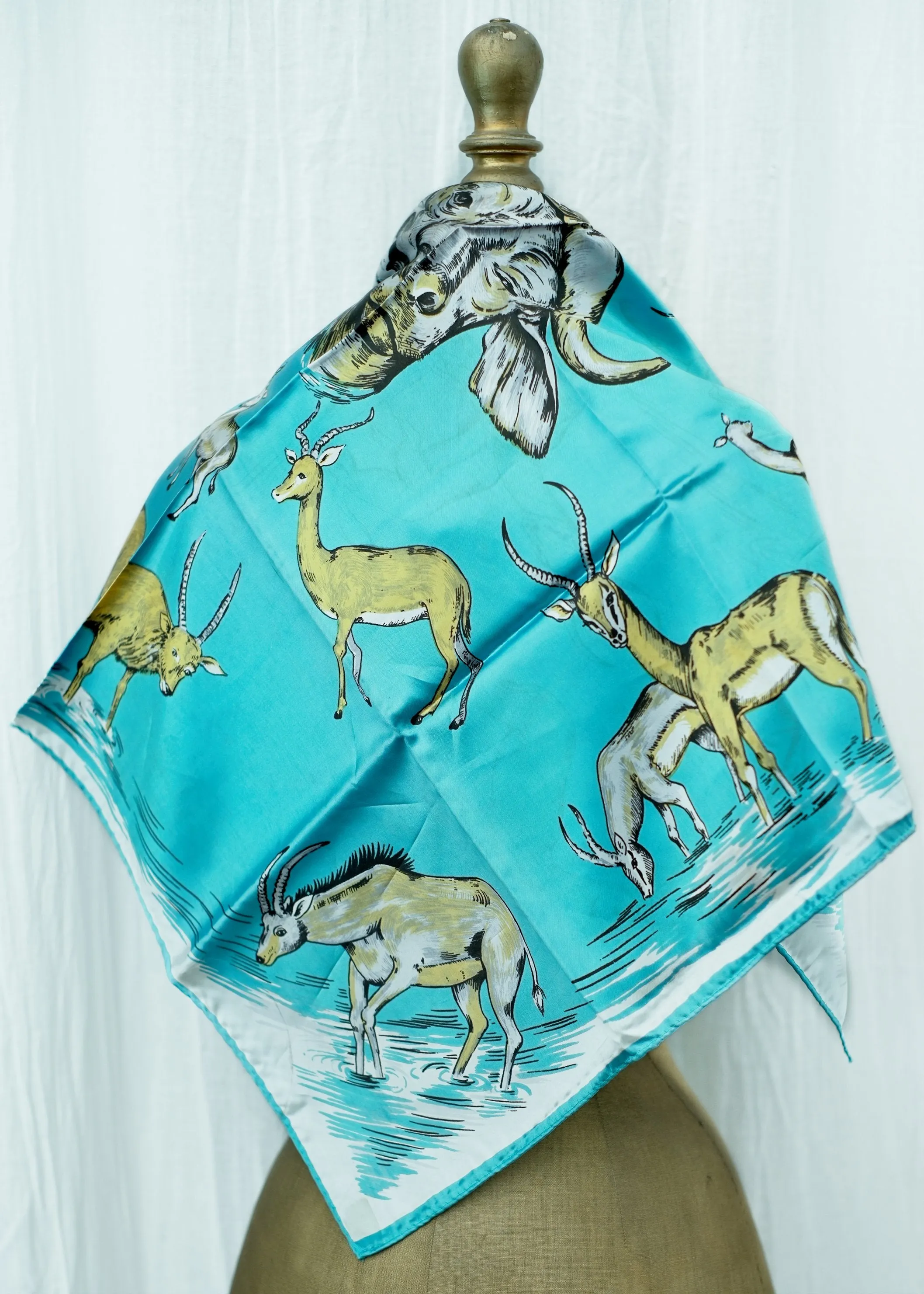 Fabulous Vintage Blue Illustrated Bison and Antelope Scarf