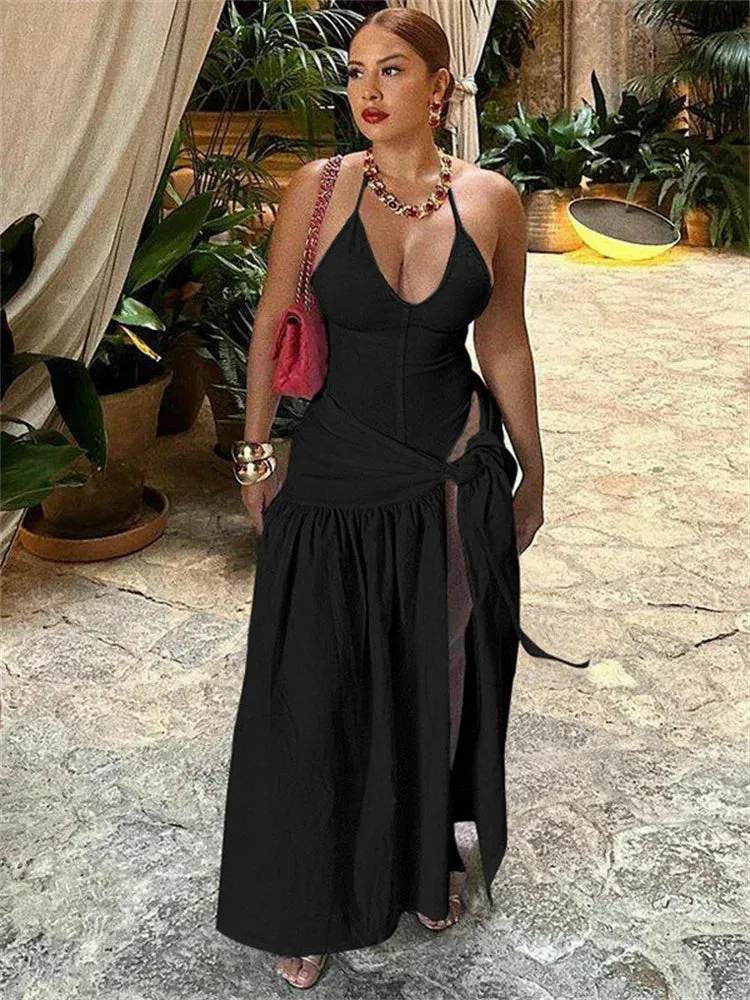 Flytonn 2 Piece-Set Female V-Neck Jumpsuit Outfits Sexy Lace-Up Pleated High Waist Skirt Sets For Women White Bandage Outfits 2024