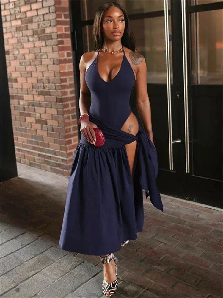 Flytonn 2 Piece-Set Female V-Neck Jumpsuit Outfits Sexy Lace-Up Pleated High Waist Skirt Sets For Women White Bandage Outfits 2024