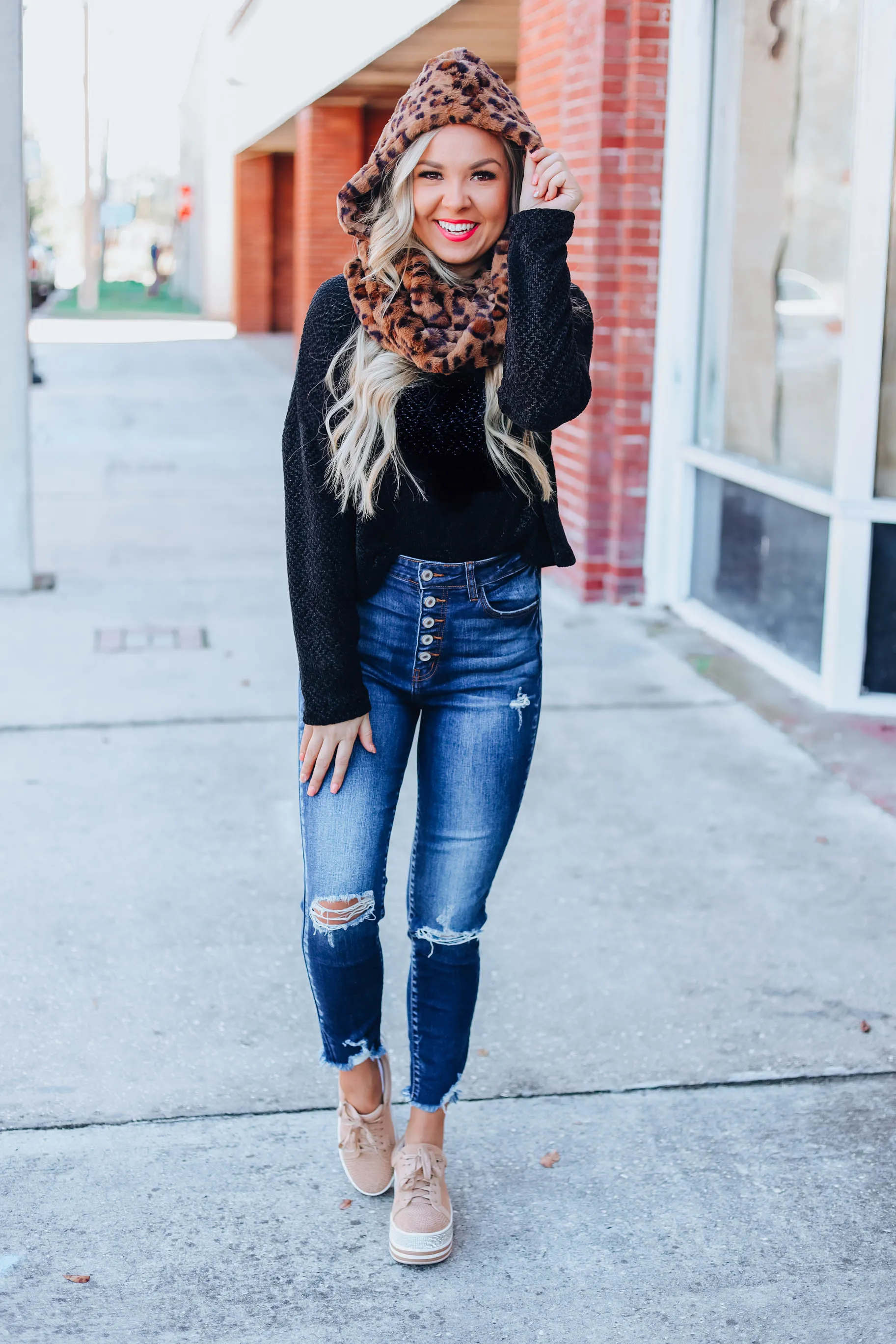 Fuzzy Animal Print Scarf Hoodie