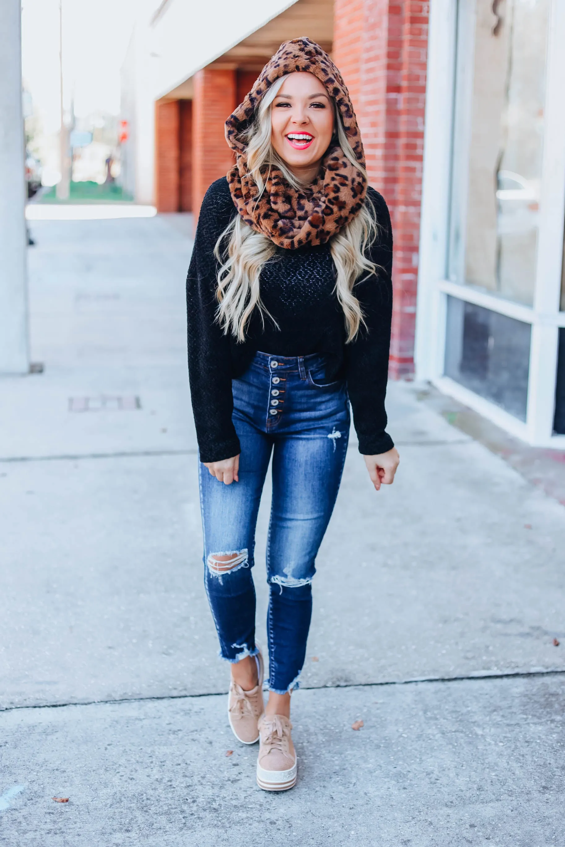 Fuzzy Animal Print Scarf Hoodie
