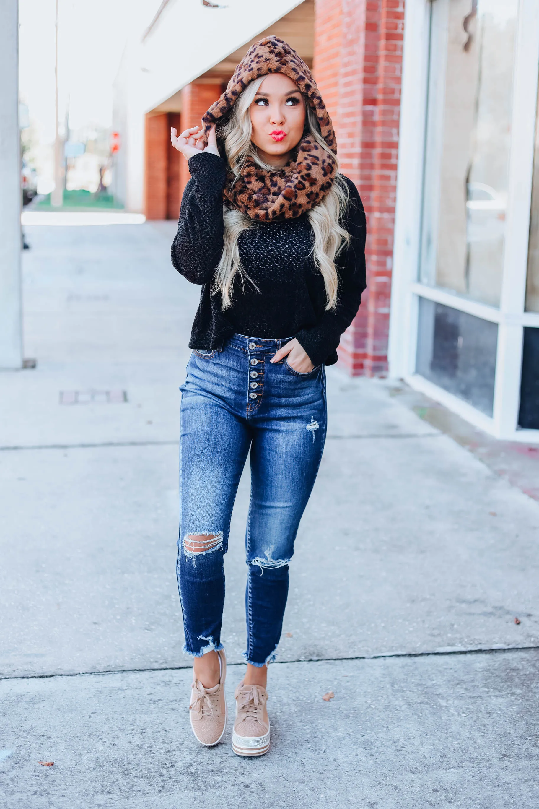 Fuzzy Animal Print Scarf Hoodie