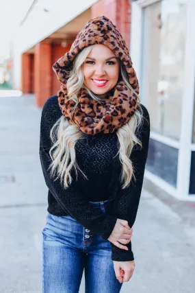 Fuzzy Animal Print Scarf Hoodie