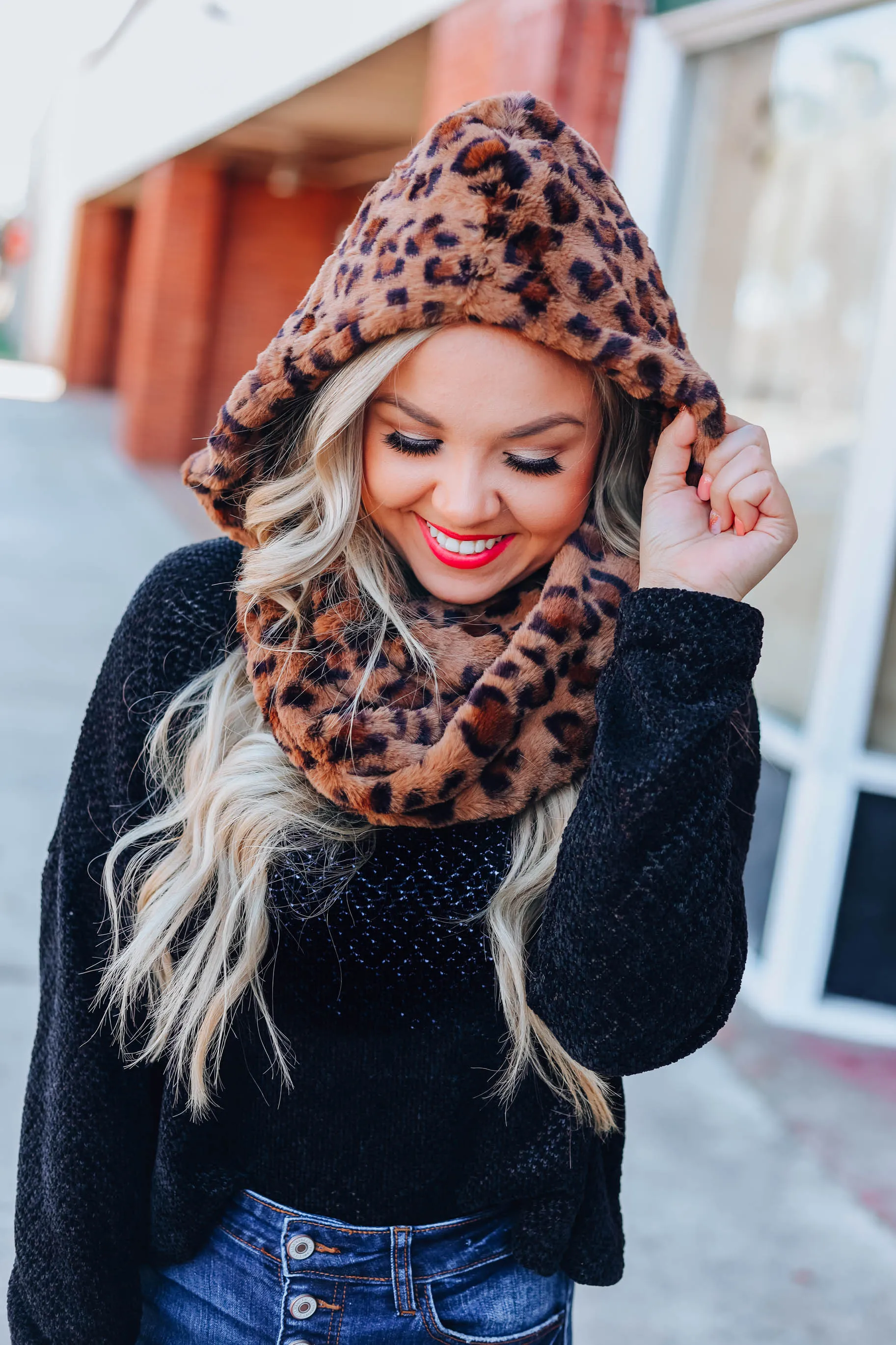 Fuzzy Animal Print Scarf Hoodie