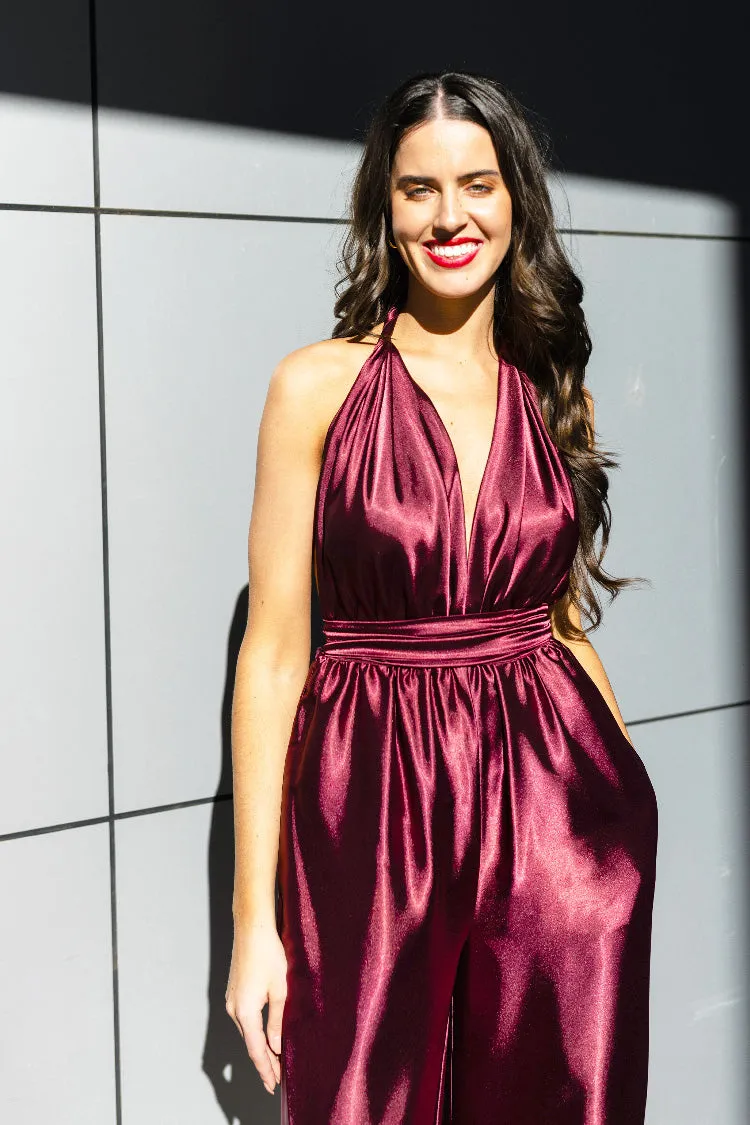 Halter Jumpsuit in Burgundy | Satin
