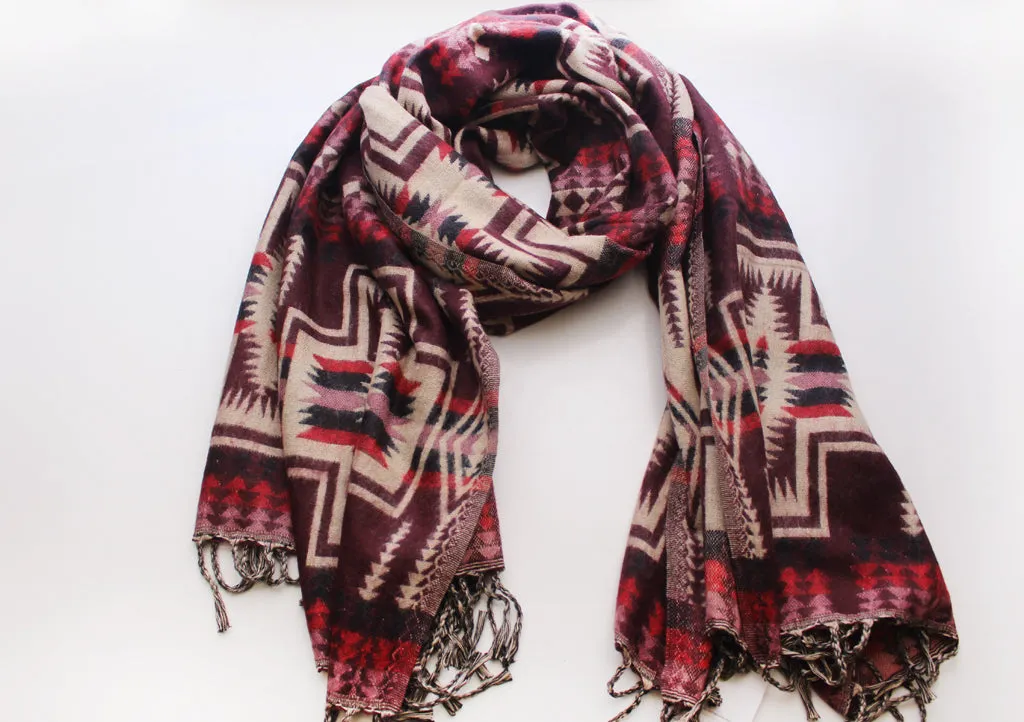 Hand Loomed Maroon & Cream Check Pattern Yak Wool Shawl