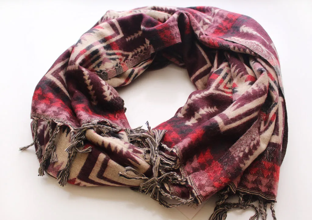 Hand Loomed Maroon & Cream Check Pattern Yak Wool Shawl