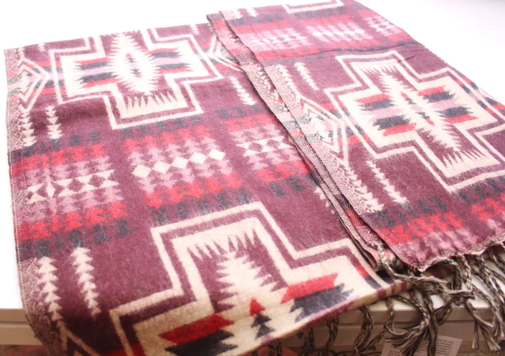 Hand Loomed Maroon & Cream Check Pattern Yak Wool Shawl