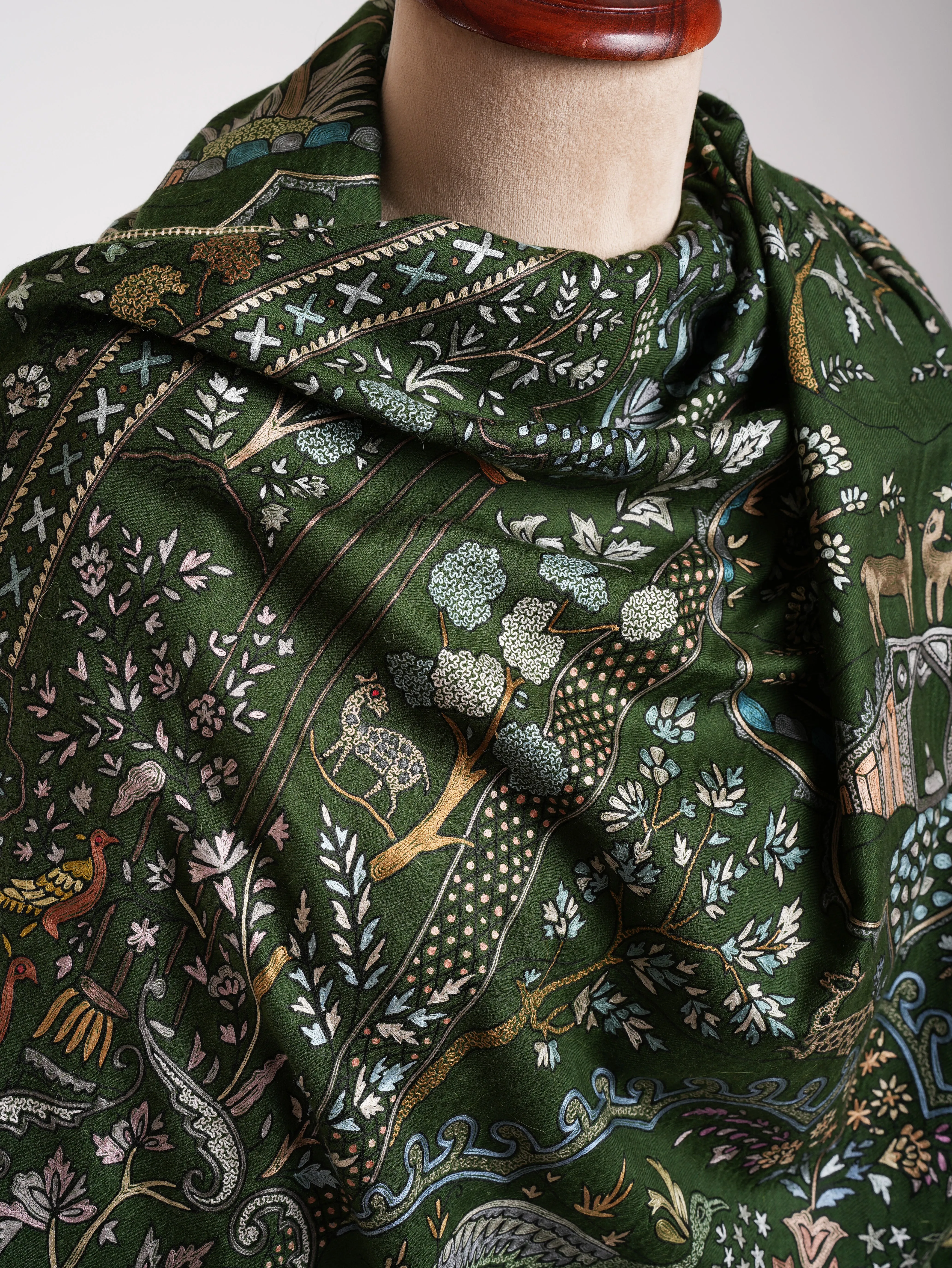 Handcrafted Indian Pashmina Embroidered Shawl in Green