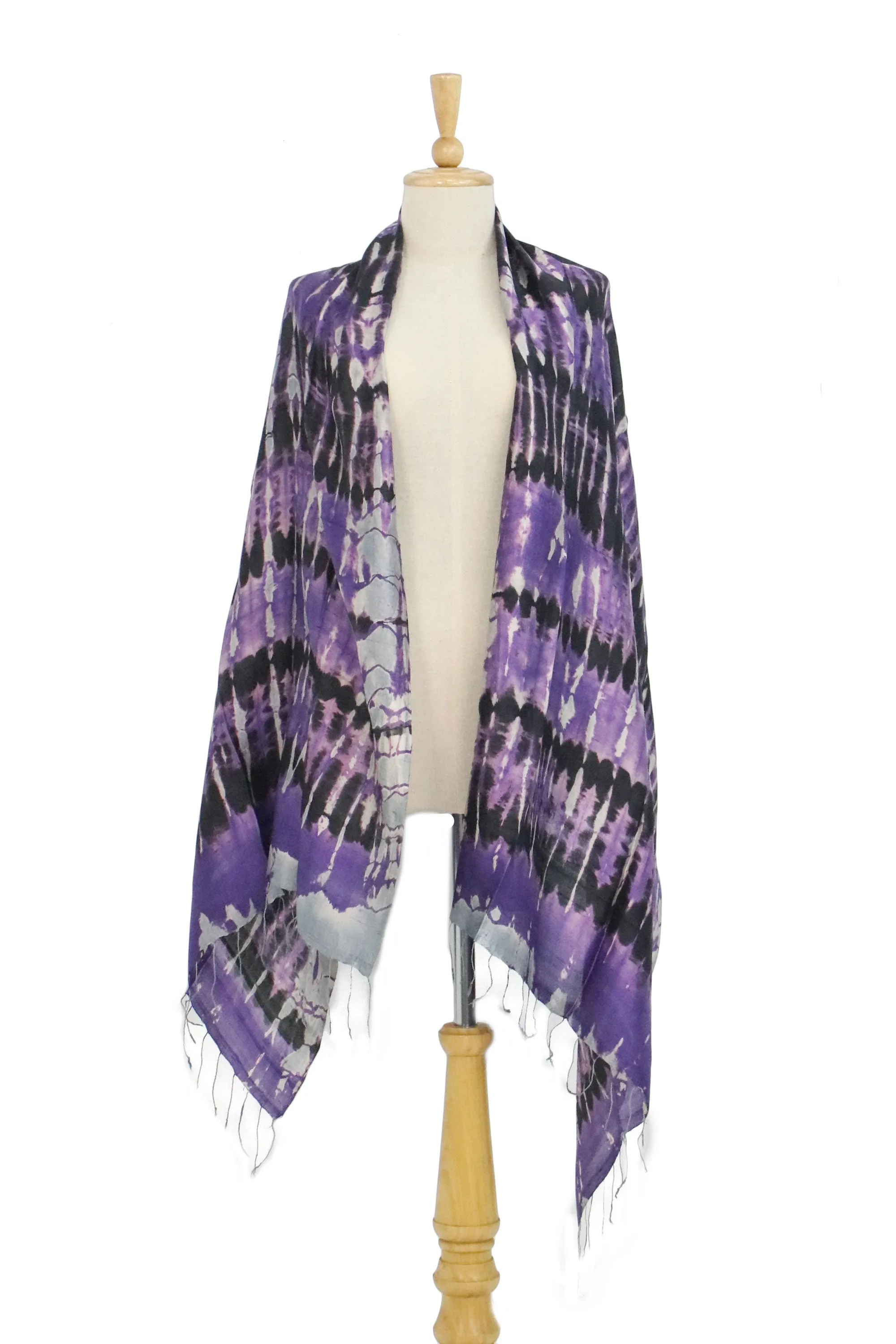 Handwoven Black and Purple Tie-Dye Silk Shawl from Thailand - Purple Monarch | NOVICA