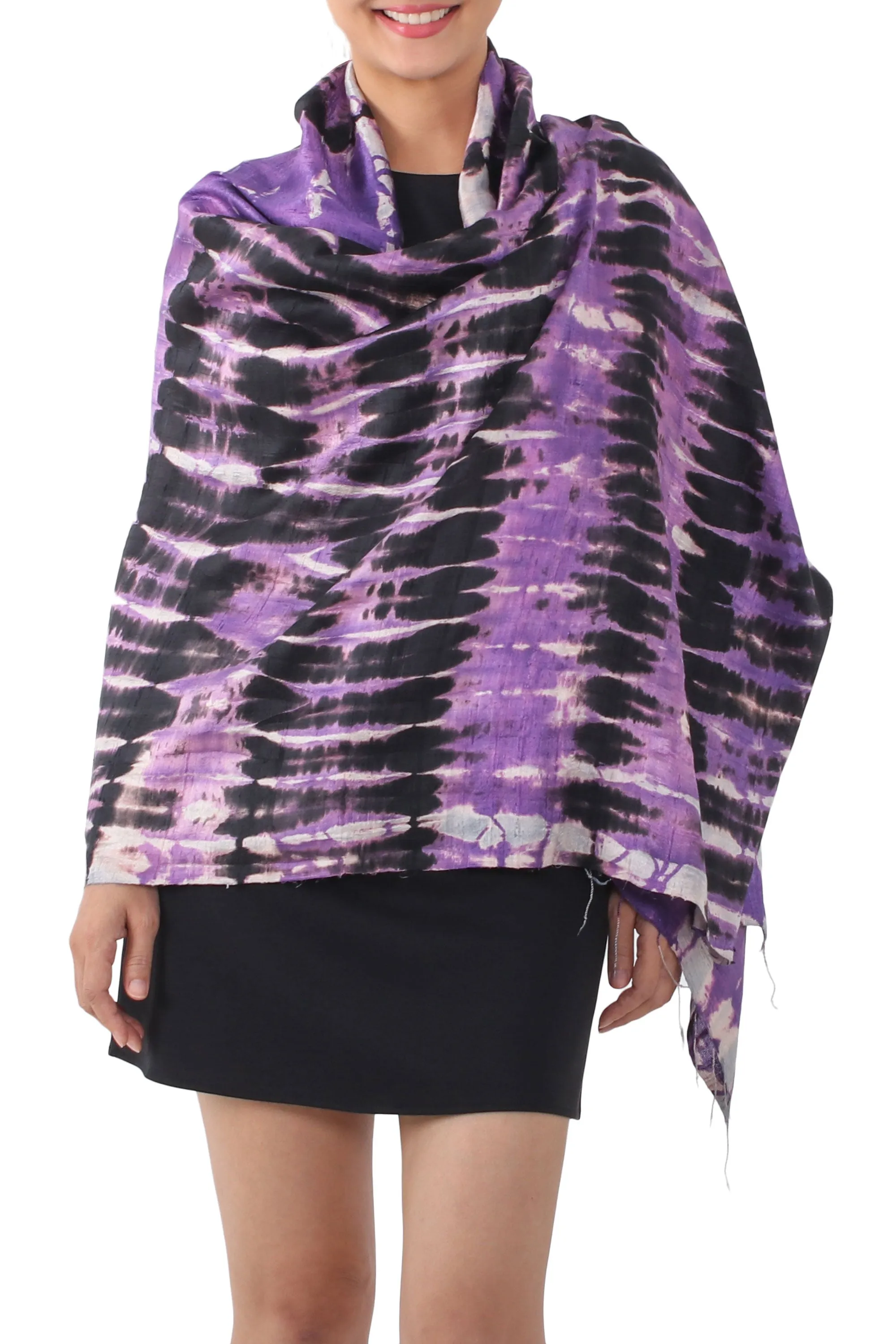 Handwoven Black and Purple Tie-Dye Silk Shawl from Thailand - Purple Monarch | NOVICA