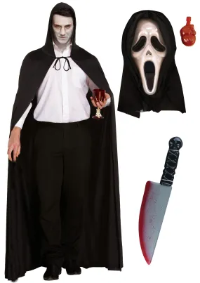 Horror Costume Set: Long Black Cape with Hood, Bleeding Scream Mask, and Fake Bloody Knife (38 cm)