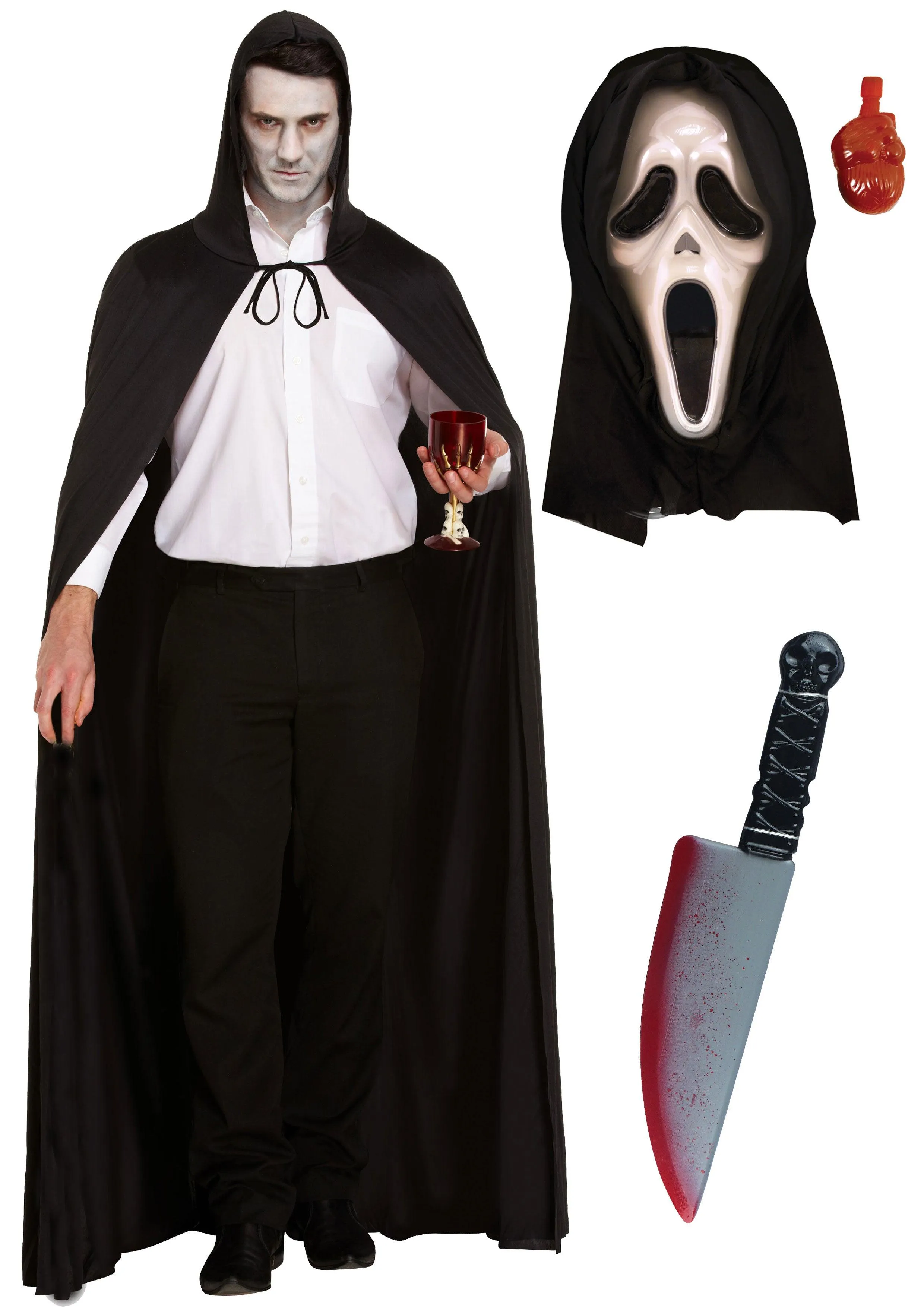 Horror Costume Set: Long Black Cape with Hood, Bleeding Scream Mask, and Fake Bloody Knife (38 cm)