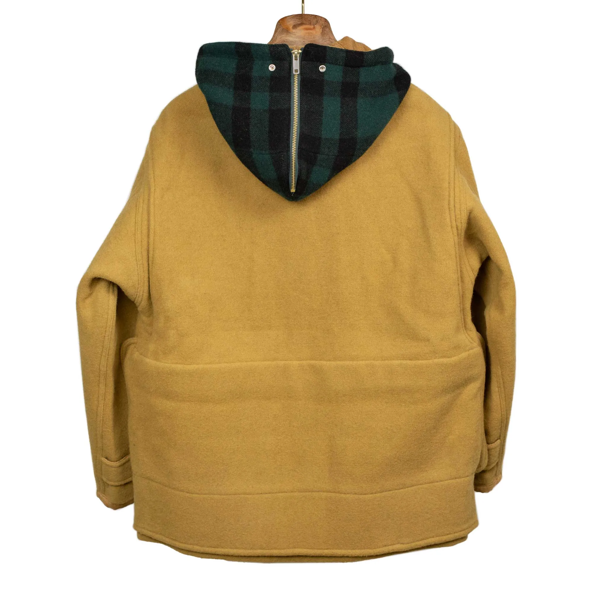 Hunting parka in camel heavy melton wool with blackwatch lining