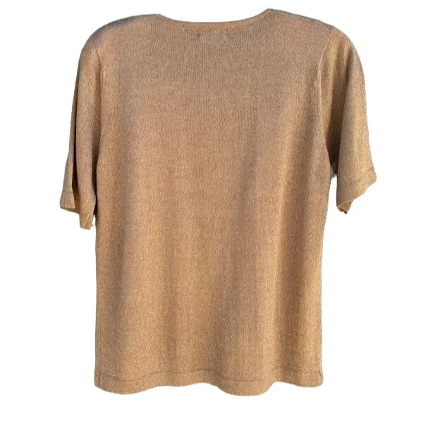 Jeanne Pierre Vintage Gold Metallic Knit Short Sleeve Women's Shirt Blouse Top