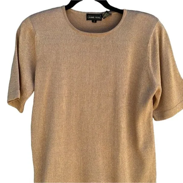 Jeanne Pierre Vintage Gold Metallic Knit Short Sleeve Women's Shirt Blouse Top