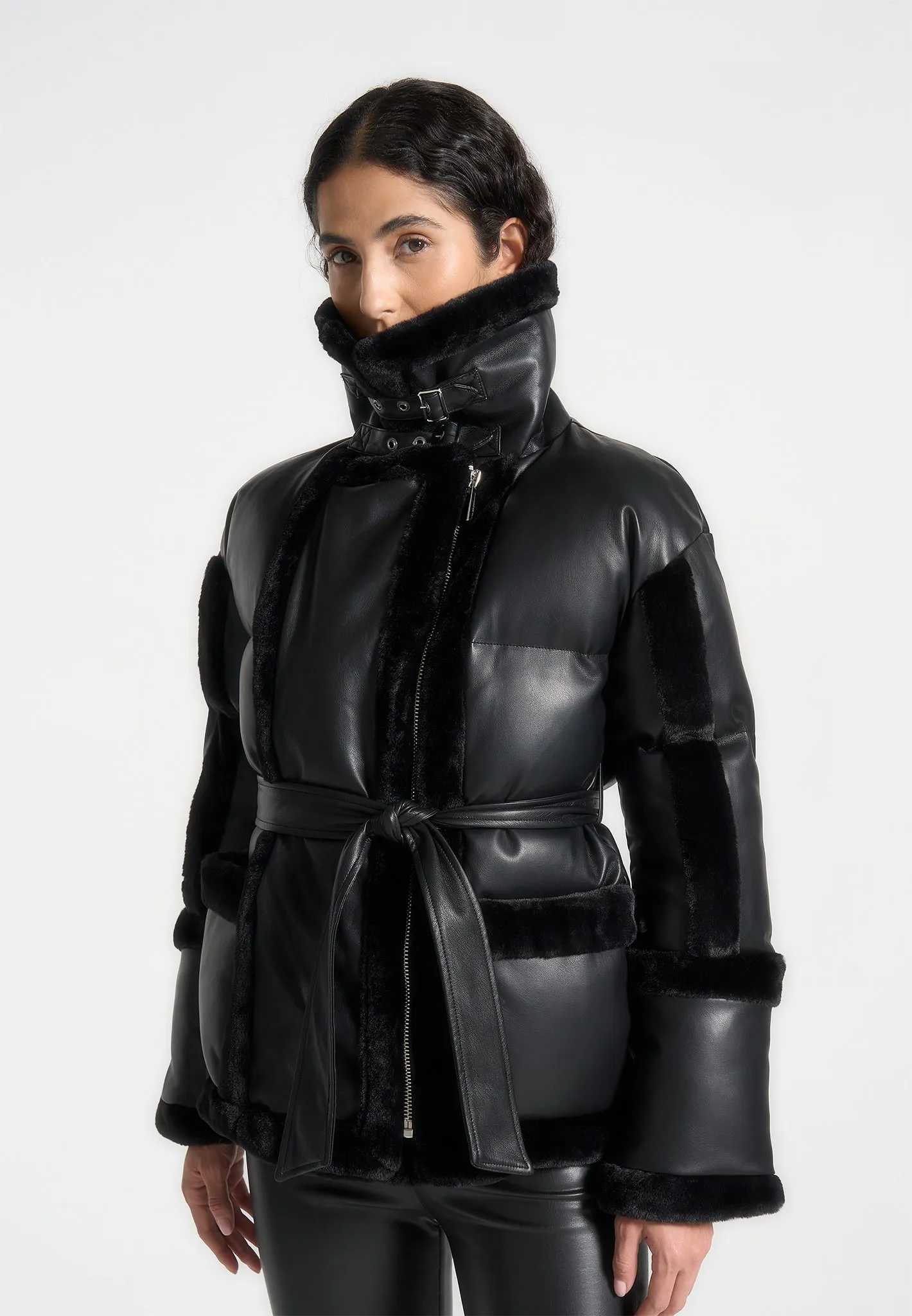 Leather and Plush Puffer Biker Jacket - Black