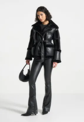 Leather and Plush Puffer Biker Jacket - Black