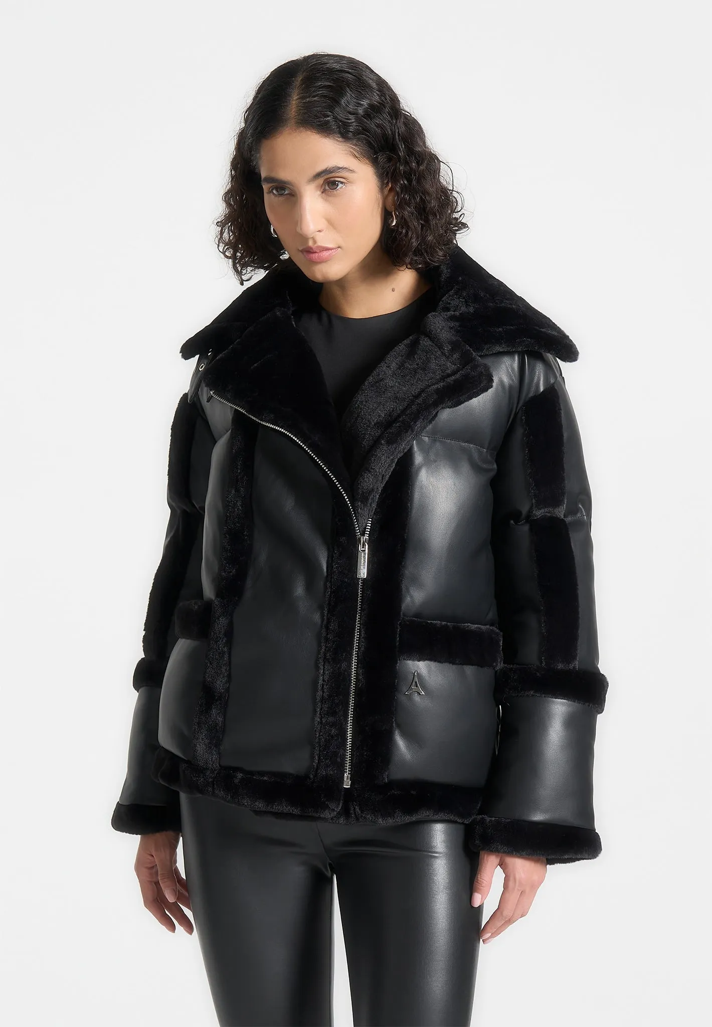 Leather and Plush Puffer Biker Jacket - Black