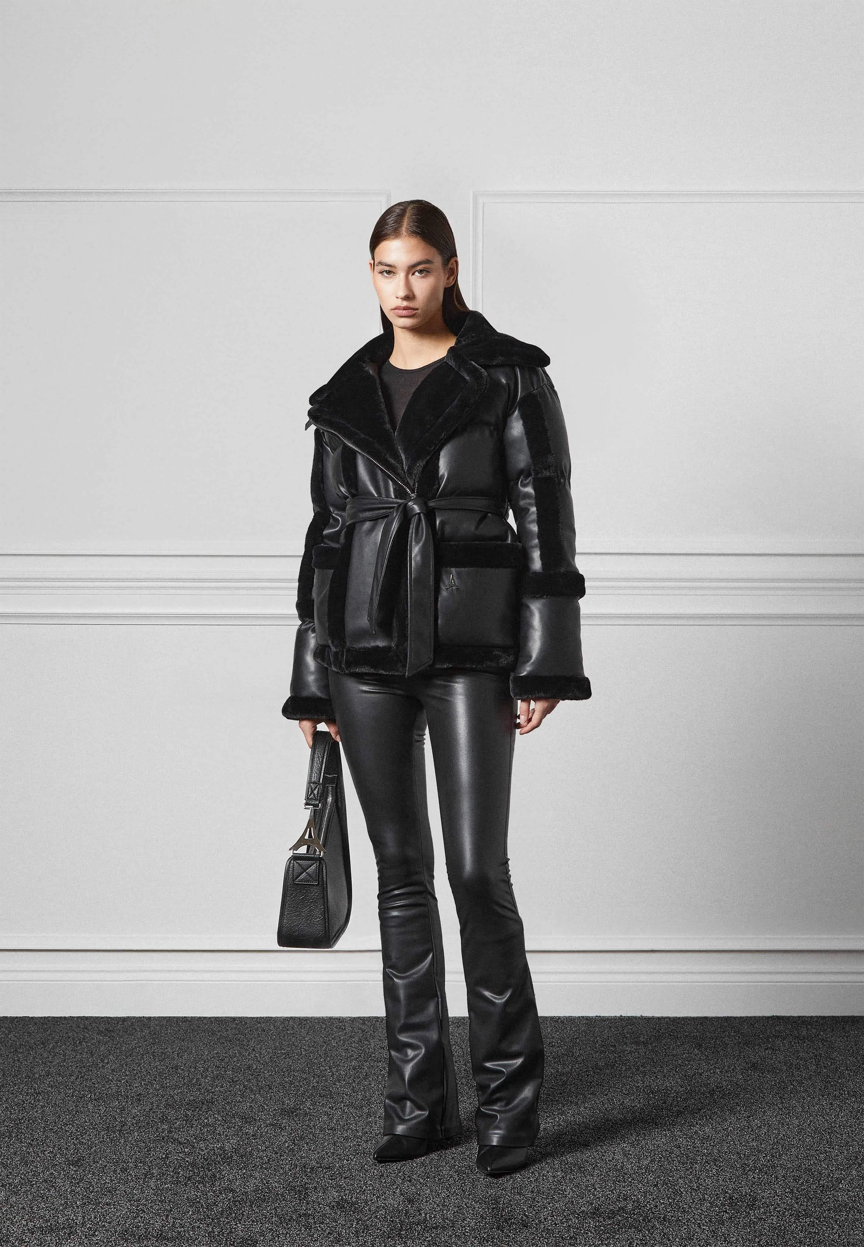 Leather and Plush Puffer Biker Jacket - Black