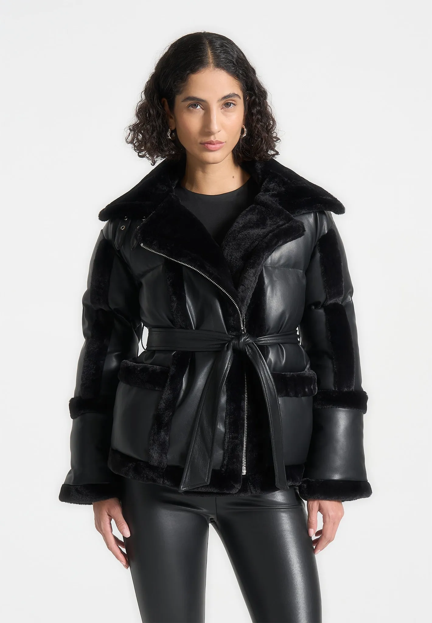Leather and Plush Puffer Biker Jacket - Black