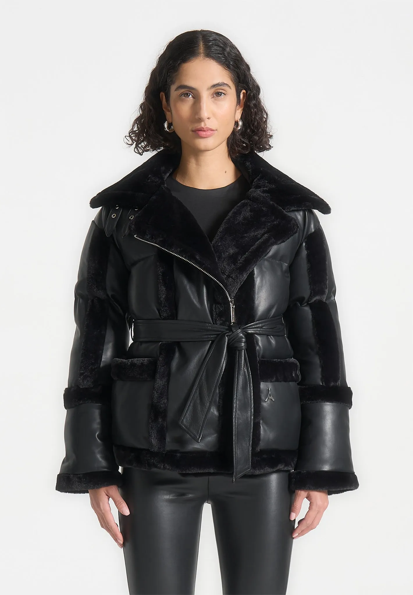 Leather and Plush Puffer Biker Jacket - Black
